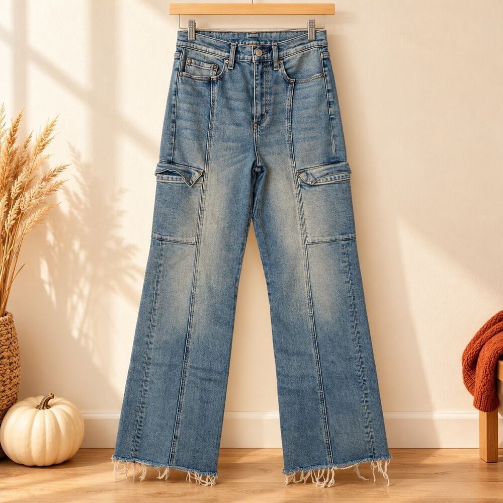 Pistola Blue Wash Cargo Wide-Leg Raw Hem Jeans 28